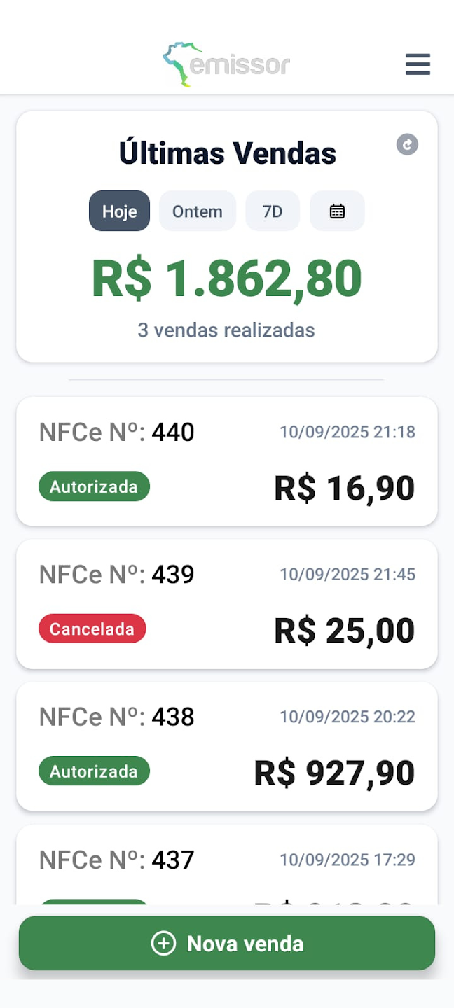 Tela do app com o histórico de últimas vendas de NFC-e
