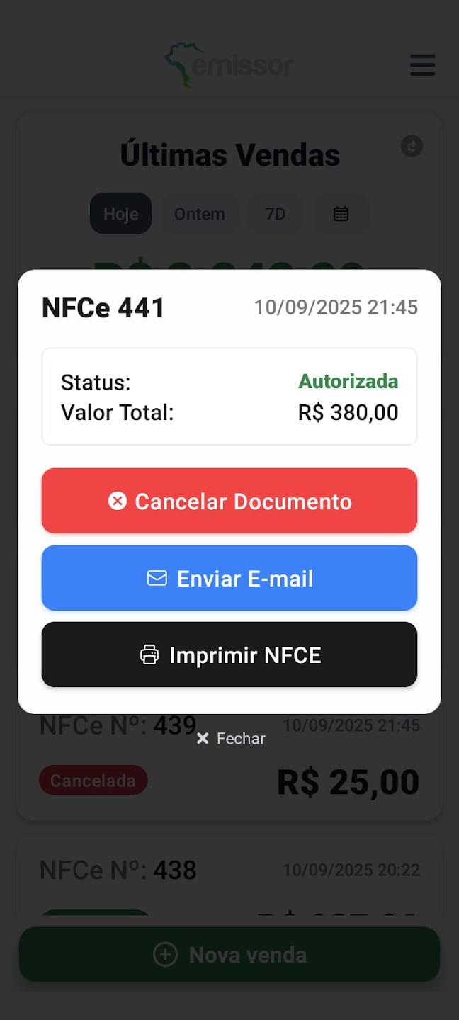 Tela do app exibindo os detalhes de uma NFC-e autorizada