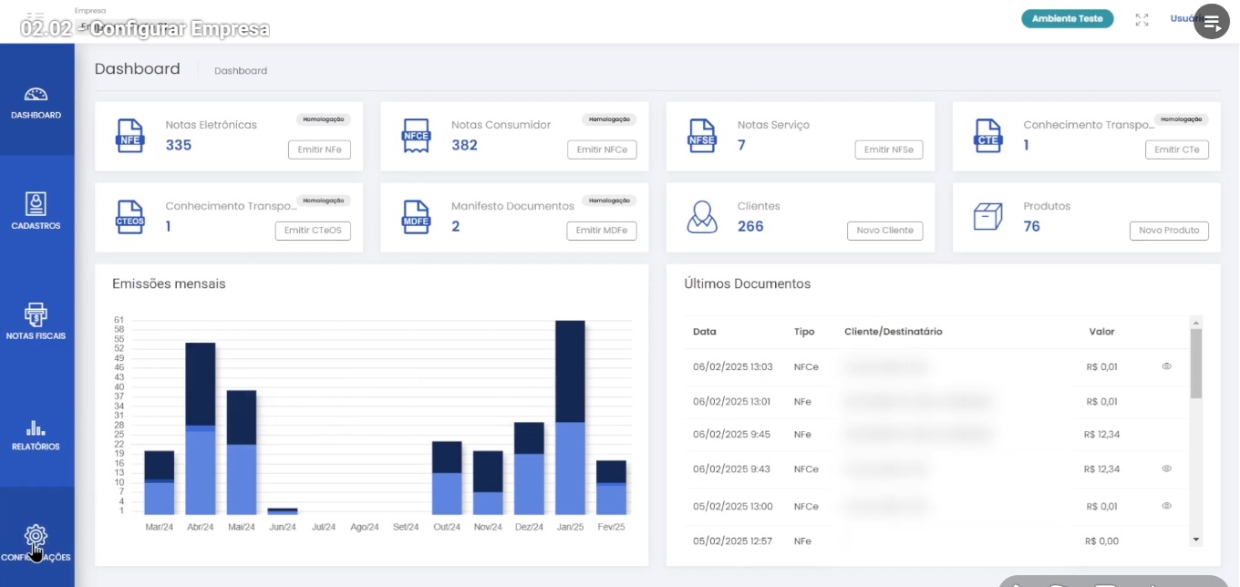 Dashboard real do sistema X3 Nota Fiscal com indicadores de notas emitidas