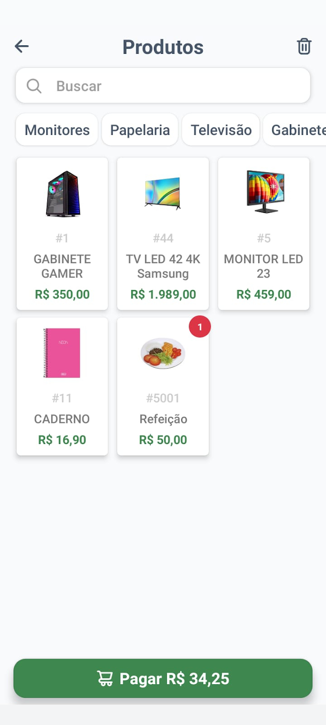 Tela do app mostrando o cadastro de produtos e o carrinho de venda