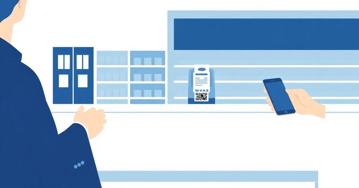 Ilustração de balcão de loja com terminal de PDV emitindo cupom com QR Code