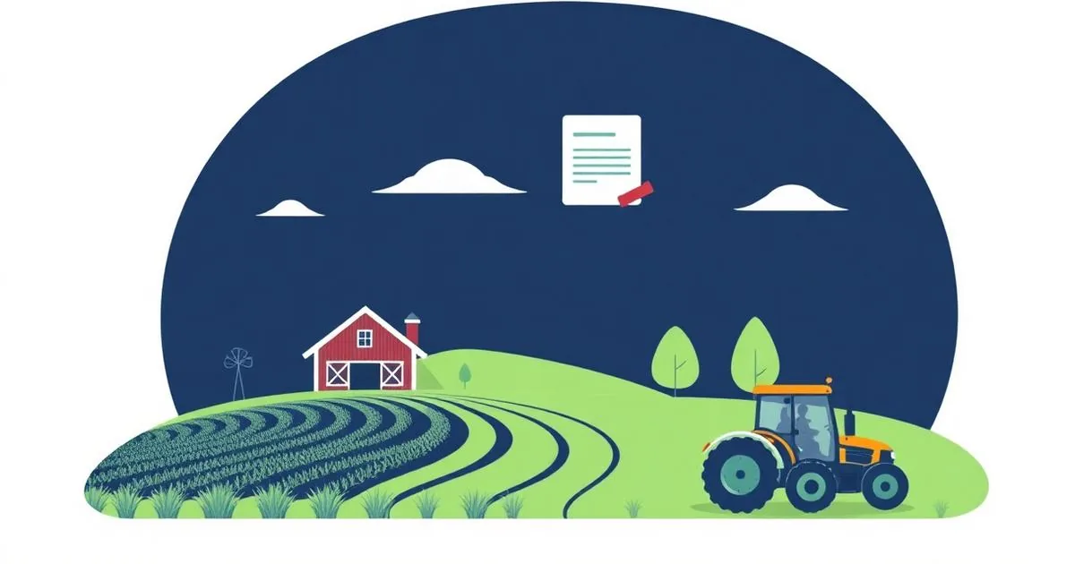 Ilustração de propriedade rural com trator e documento fiscal eletrônico