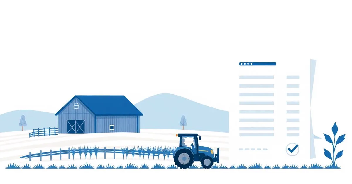 Ilustração de propriedade rural com trator e documento fiscal eletrônico