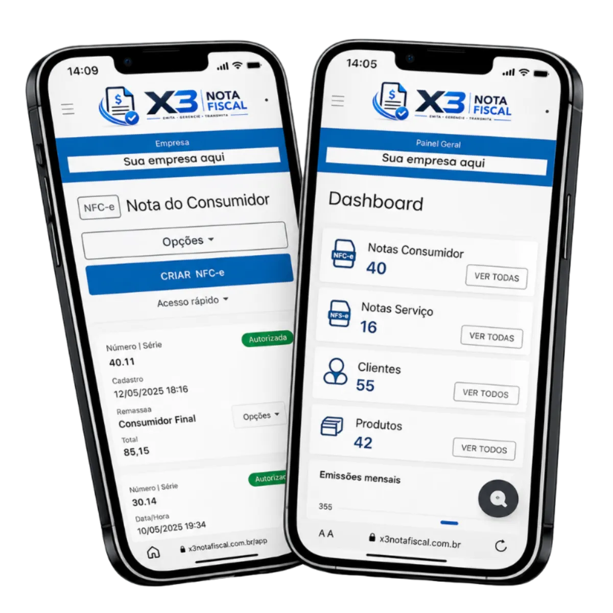 Aplicativo X3 Nota Fiscal em dois celulares mostrando a emissão de NFC-e e o dashboard