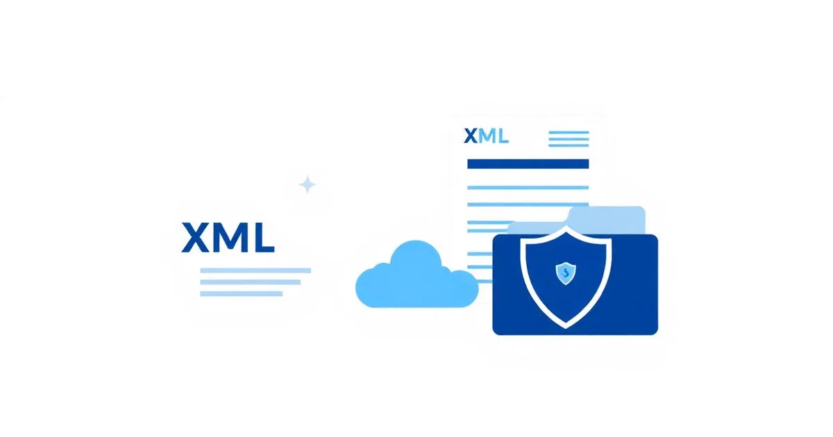 Ilustração de arquivo XML ao lado de documento impresso, pasta e escudo de segurança